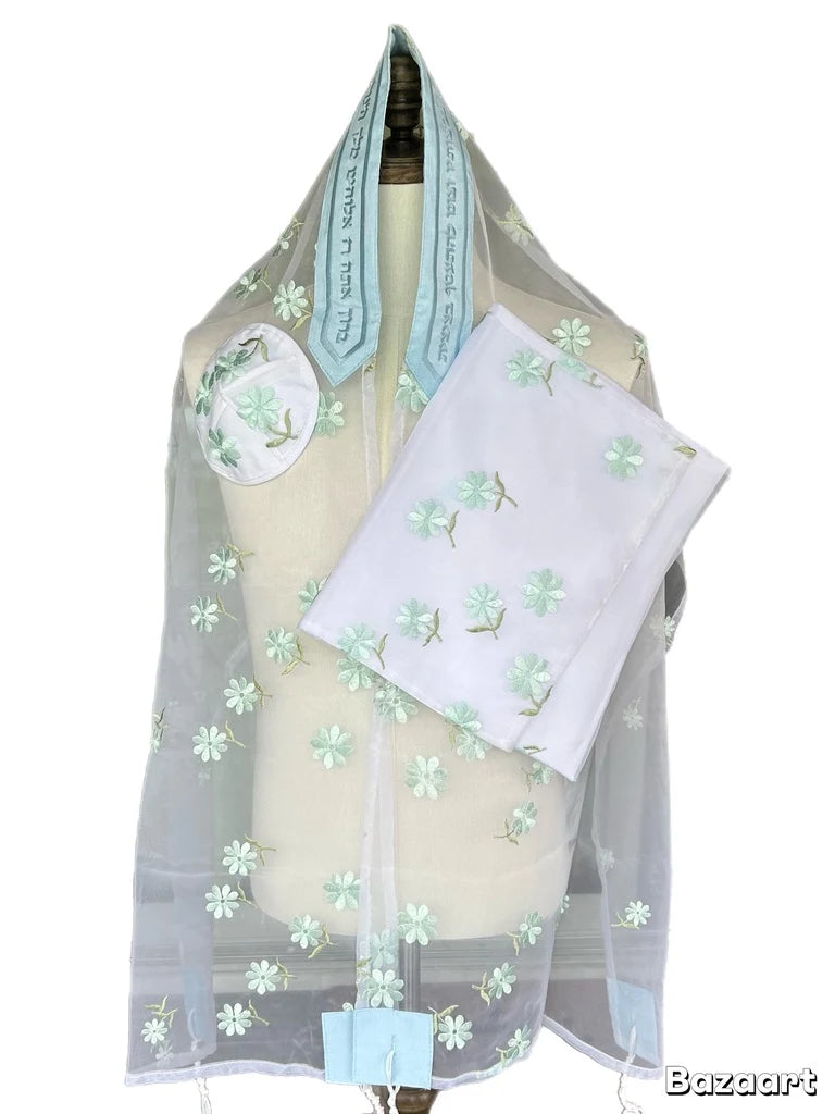 Tallit Set Tiffany Blue Leaves on Sheer