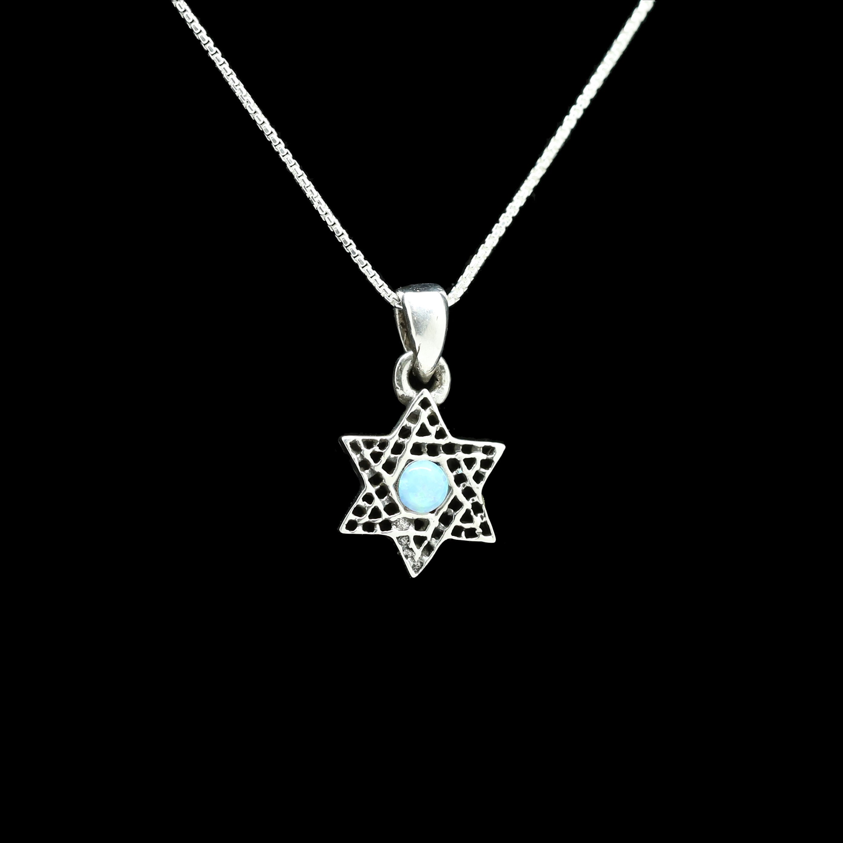 Sterling with Opal Star of David with Dark Stipling Necklace