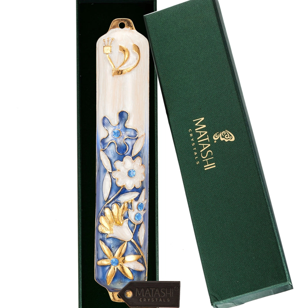 Blue and Ivory Enamel Flower Mezuzah