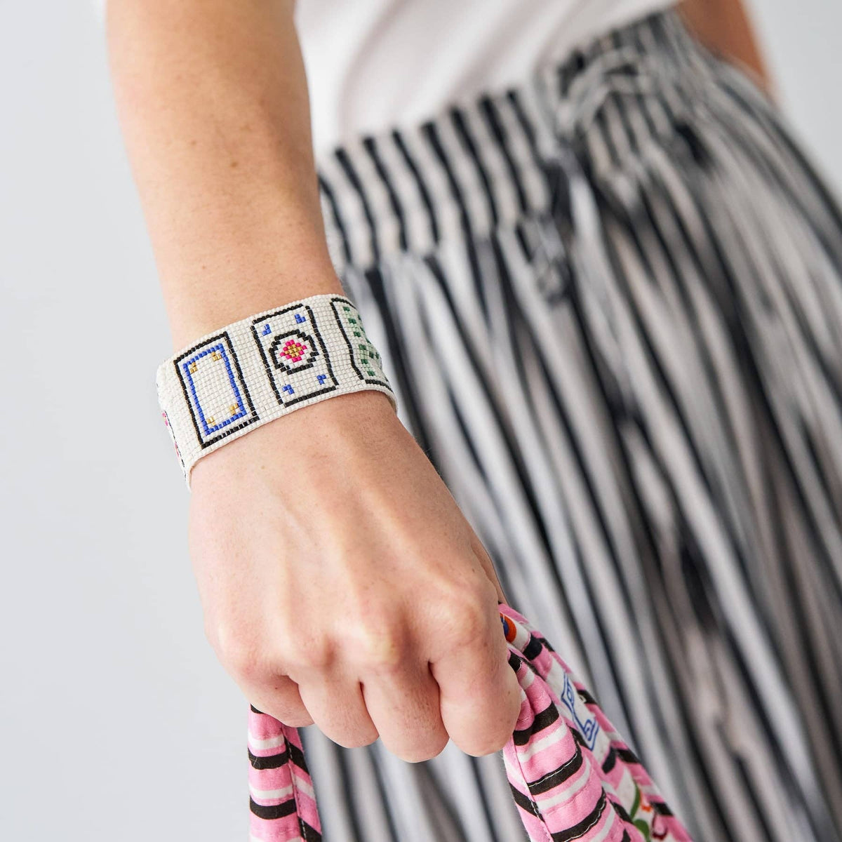 Brooklyn Mahjong Print Beaded Stretch Bracelet Multi