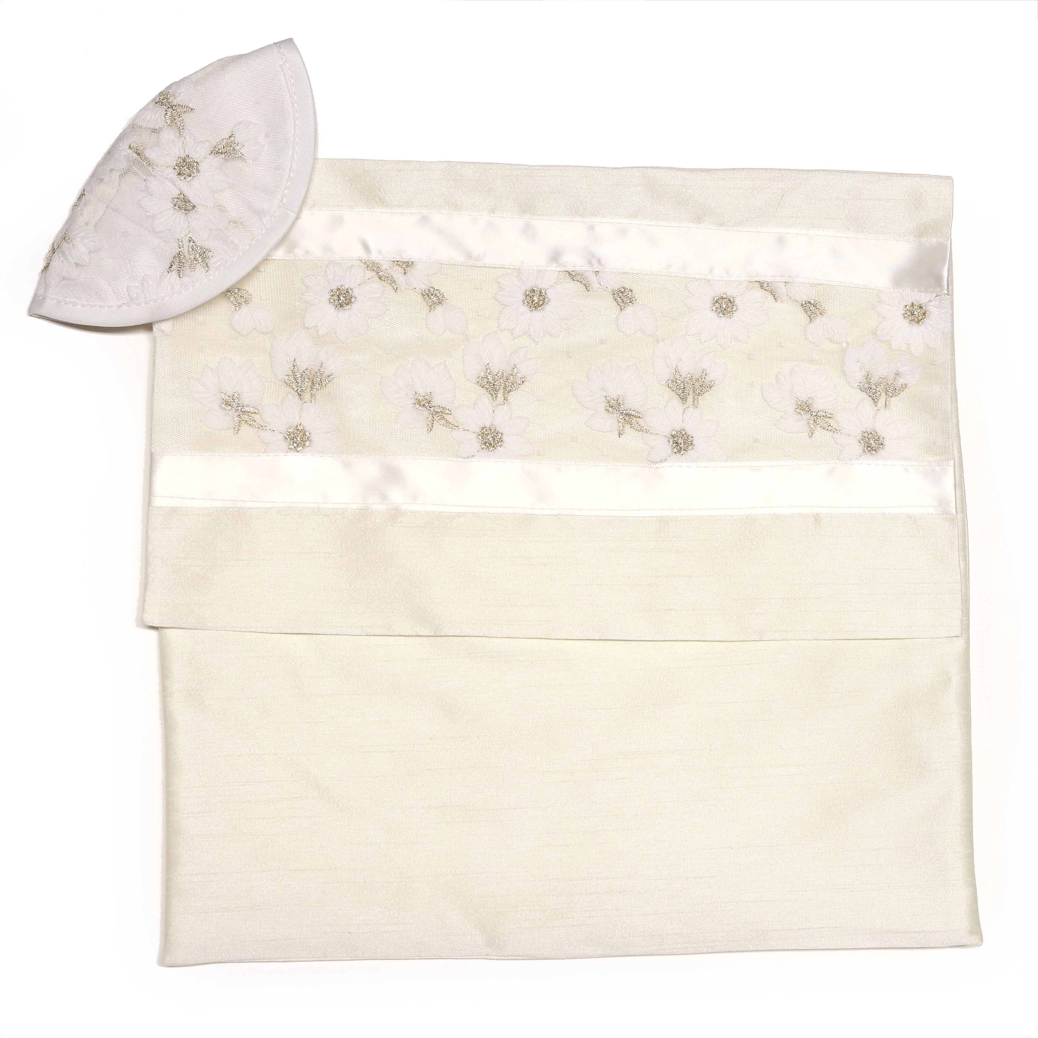 Tallit Set White Embroidered Flowers with Golden Embroidered Stems