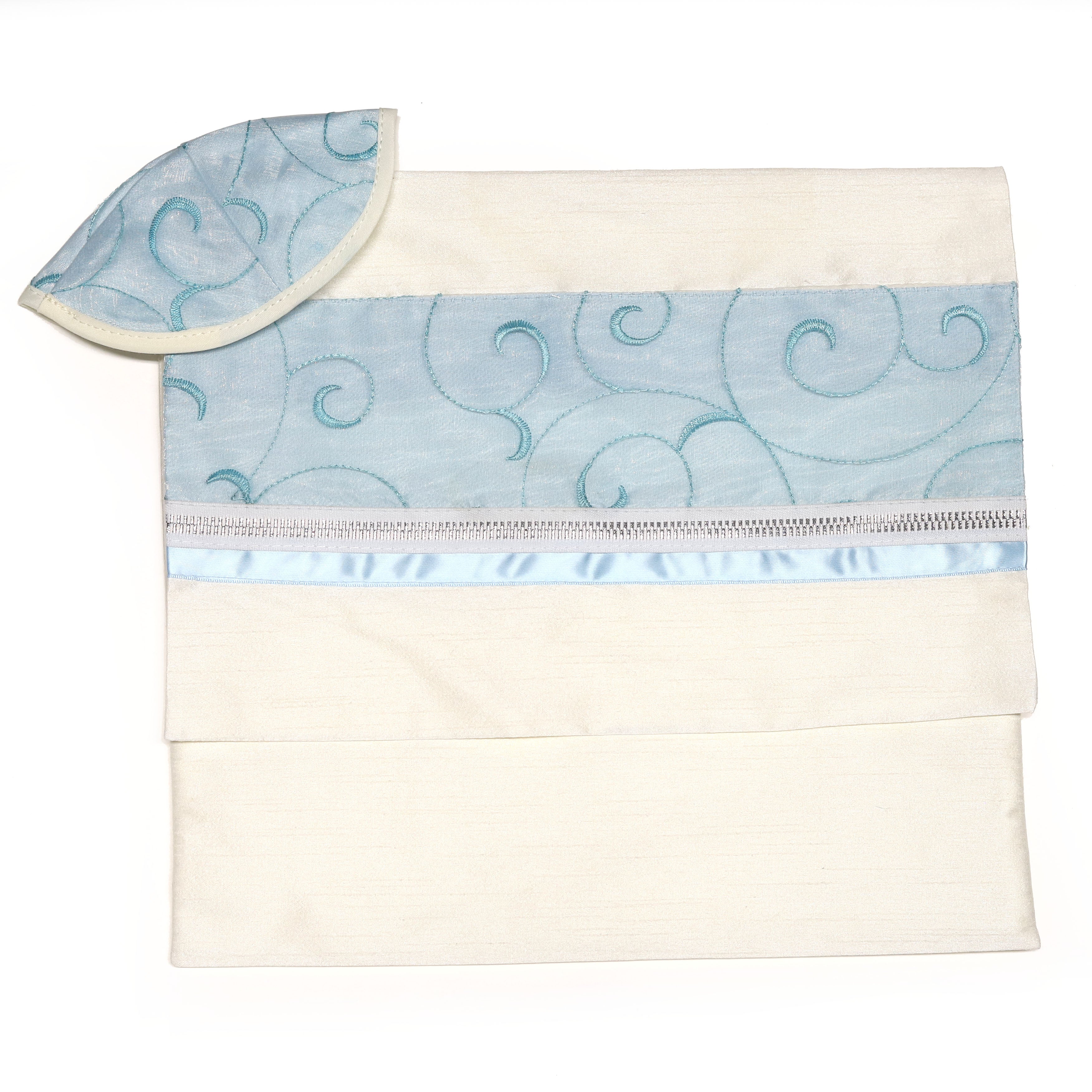 Tallit Set Light Blue Spiral on Brushed Cotton