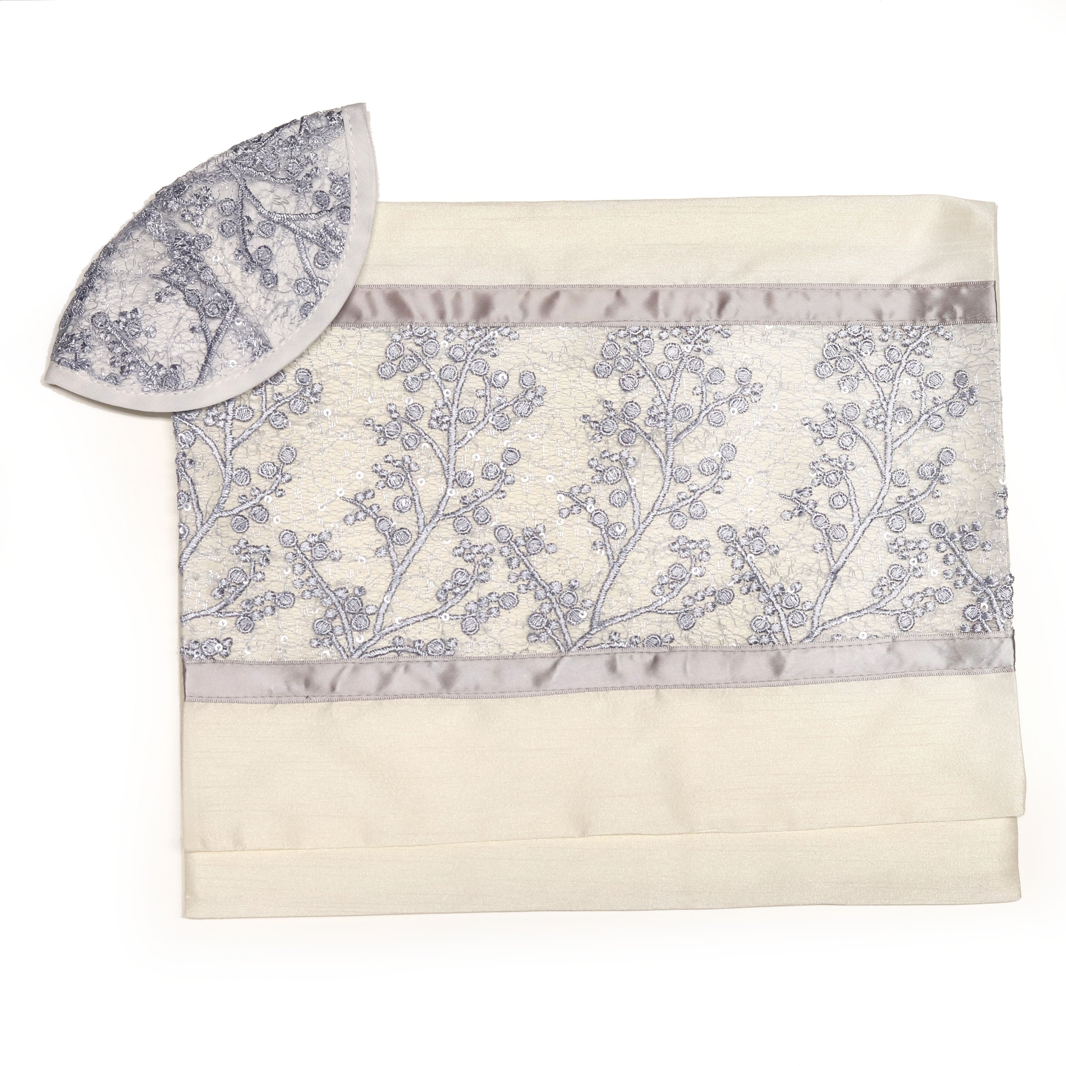 Tallit Set Soft Blue Flowers on Brushed Cotton