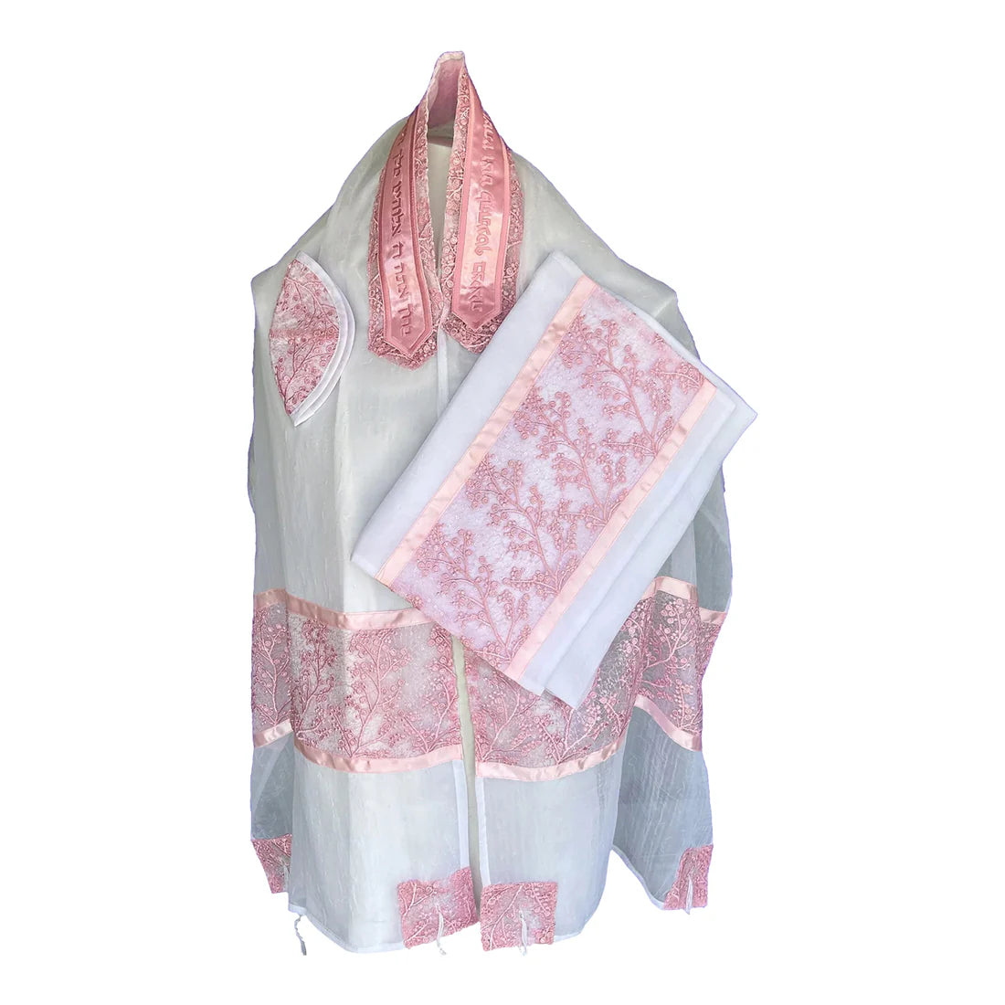 Tallit Set White Chiffon with Pink Lace