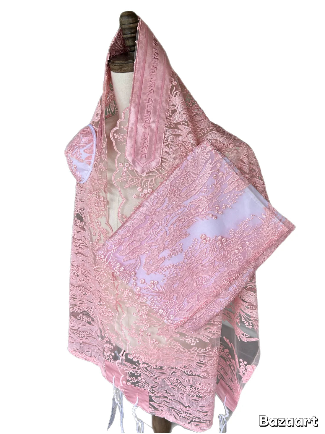 Tallit Set Pink Embroidery on Sheer