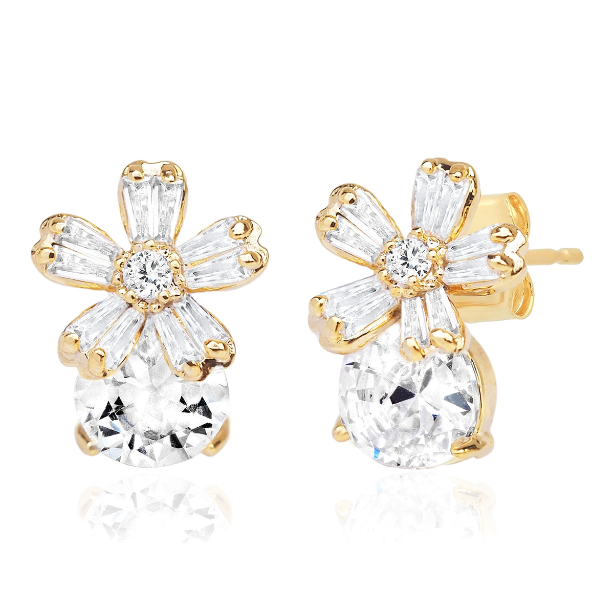 Baguette Flower and CZ Stud Earrings