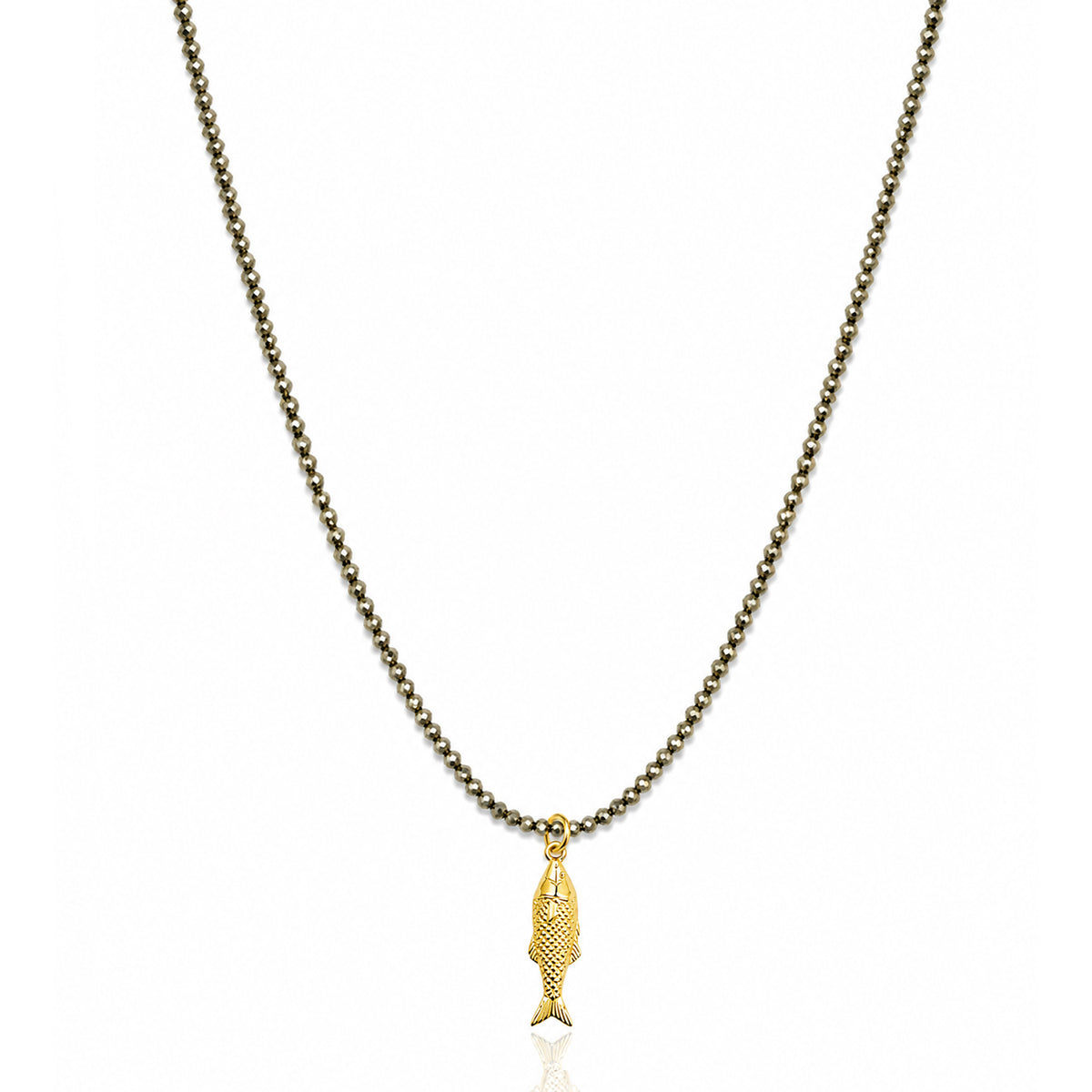 Knotted Pyrite Necklace with Fish Charm