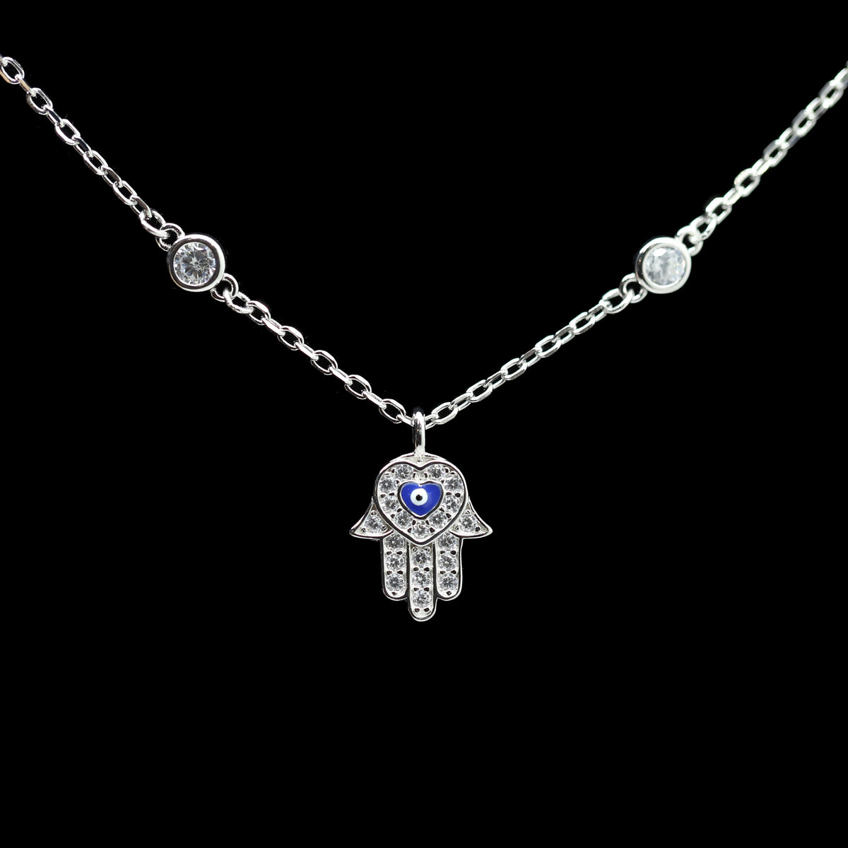 Sterling Hamsa and Eye with Cubic Zirconia Necklace