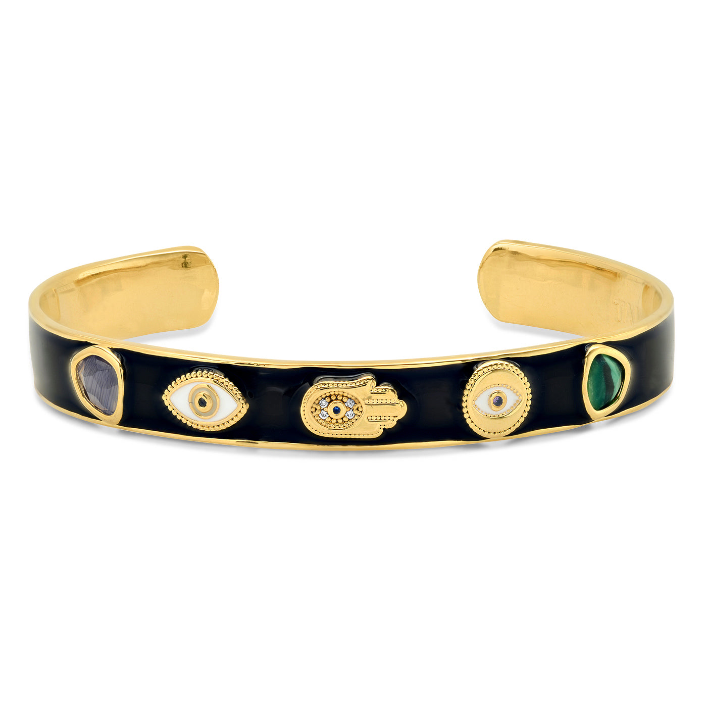 Enamel Open Cuff Bracelet with Evil Eye and Hamsa Accents