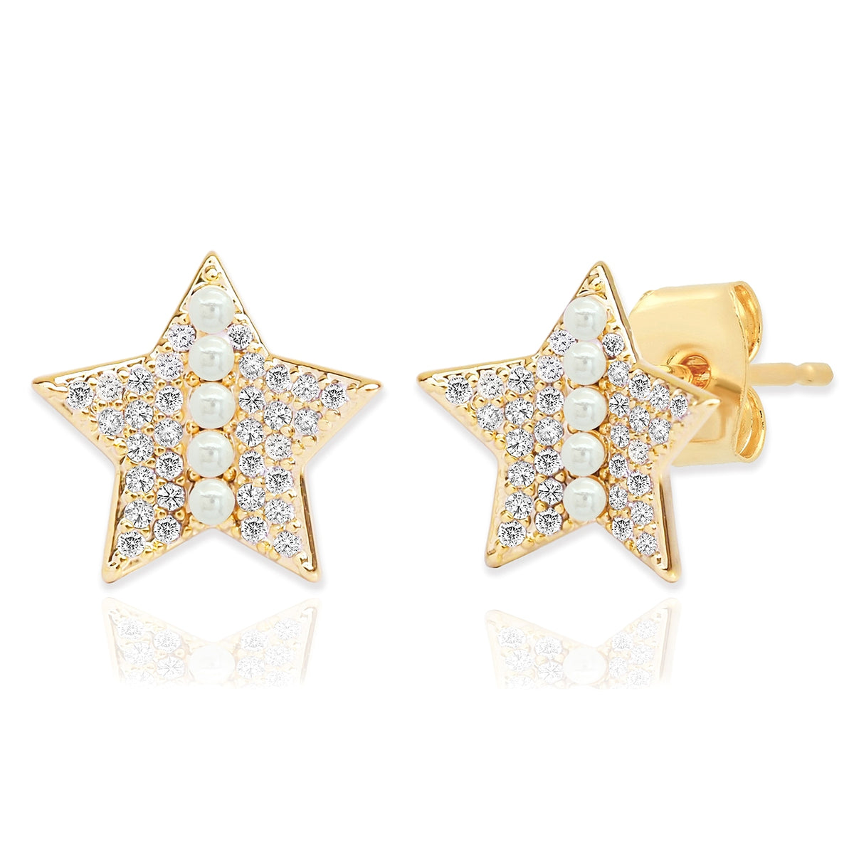 Pave Star with Tiny Pearl Line Stud Earrings