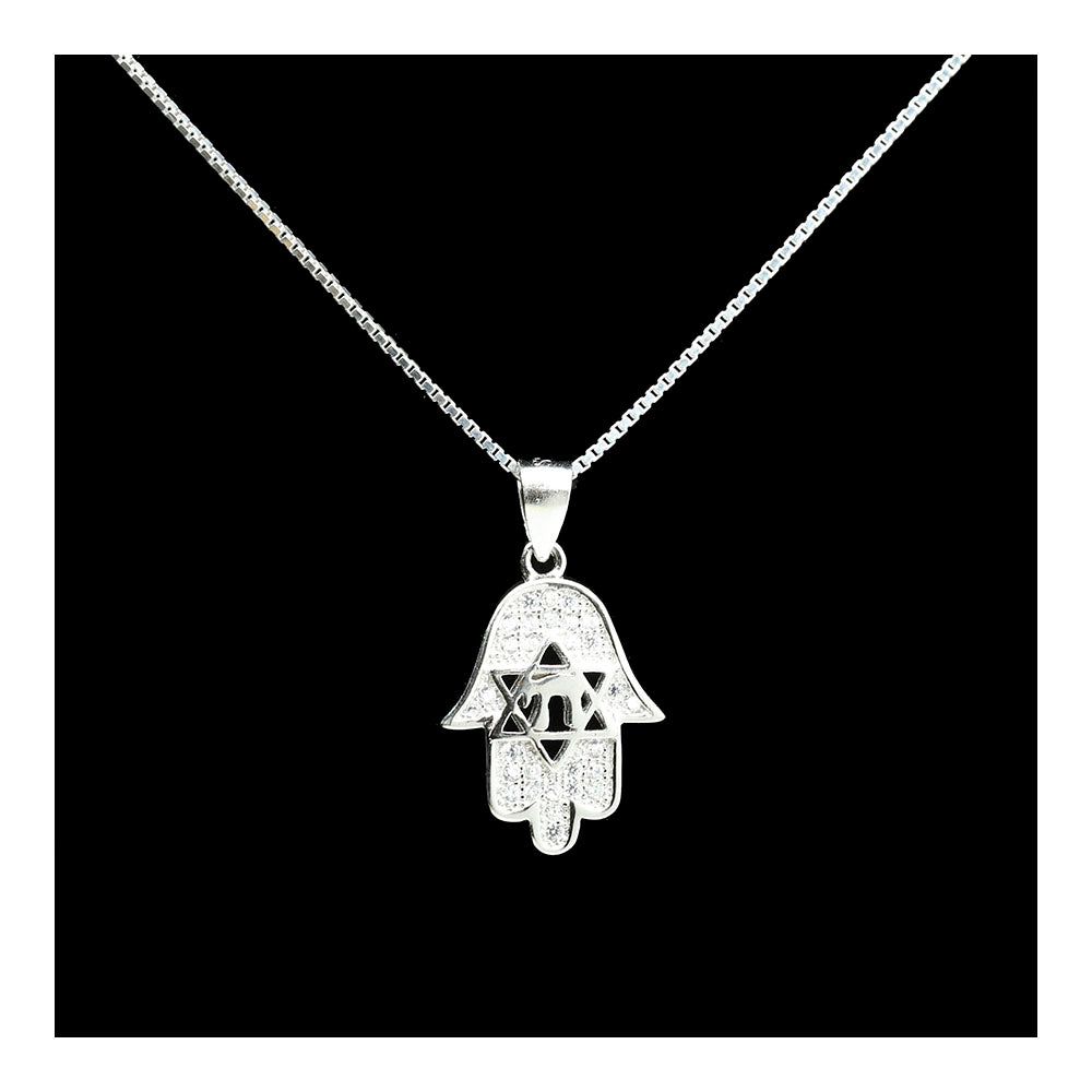 Sterling Hamsa, Star of David, and Chai Necklace