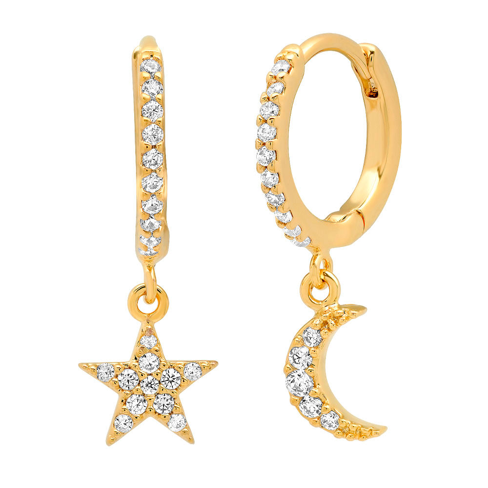 Star and Moon Pave Huggie Earrings