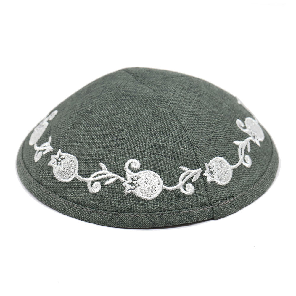 Linen Kippah with Silver Embroidered Pomegranates on Gray