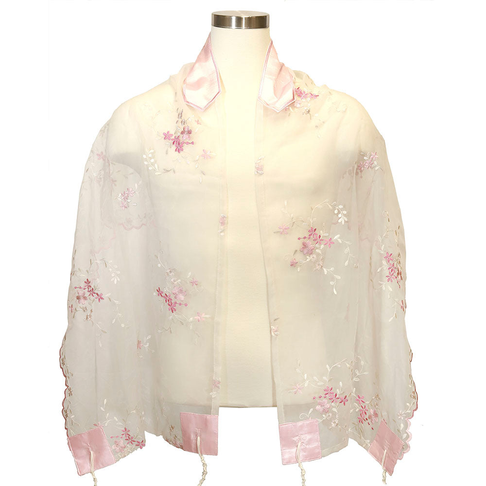 Tallit Set Sheer Pink Organza Flowers