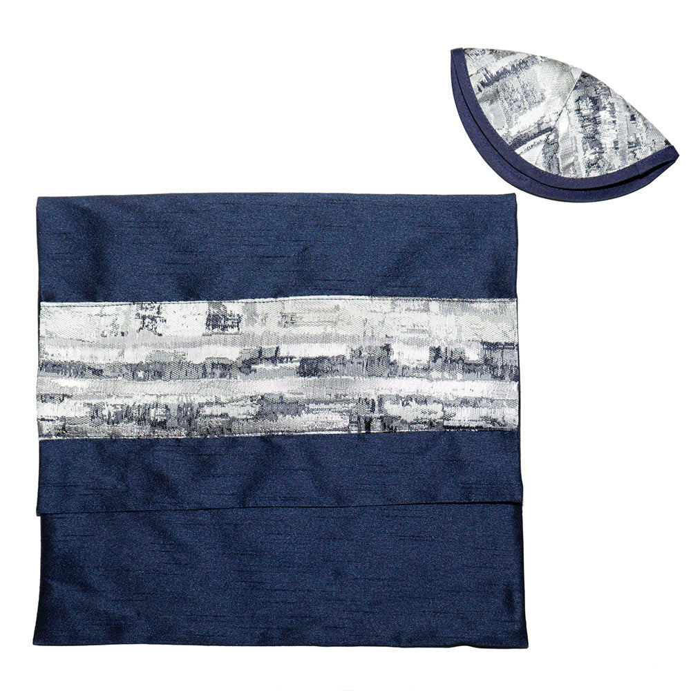 Cream with Navy and Silver Ribbons Tallit Set