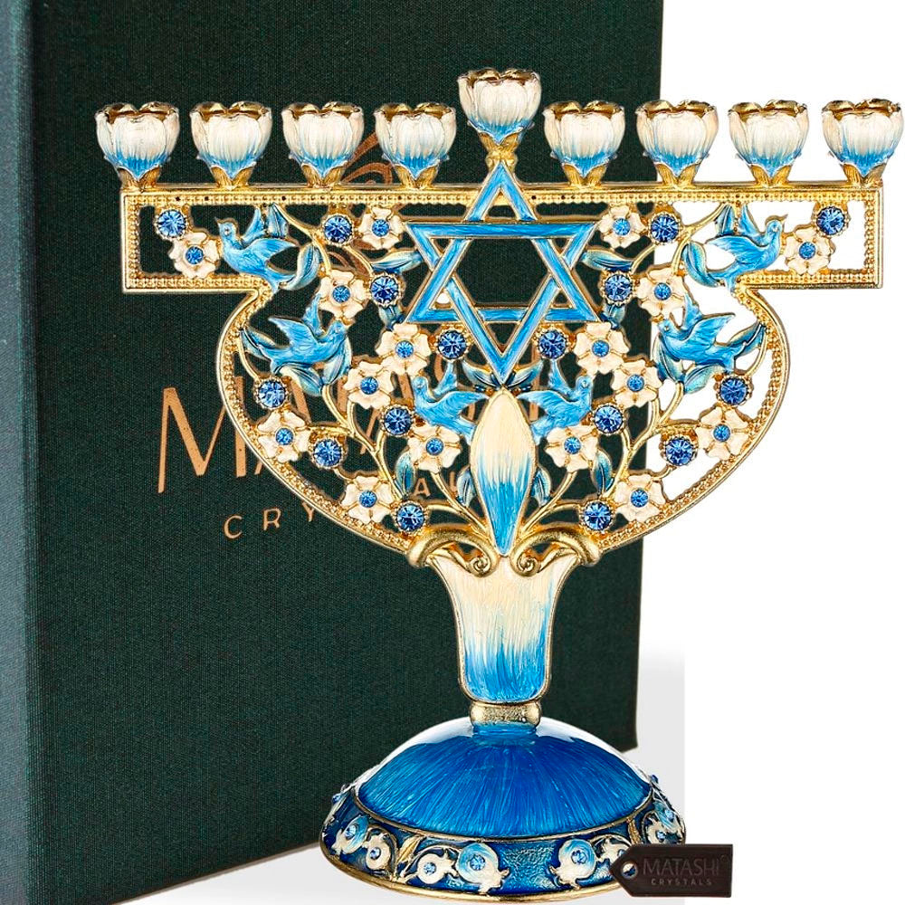 Doves & Flowers, Gold Accents Crystal Hanukkiah