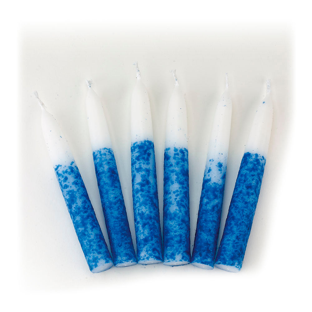 Splattered Blue Shabbat Candles