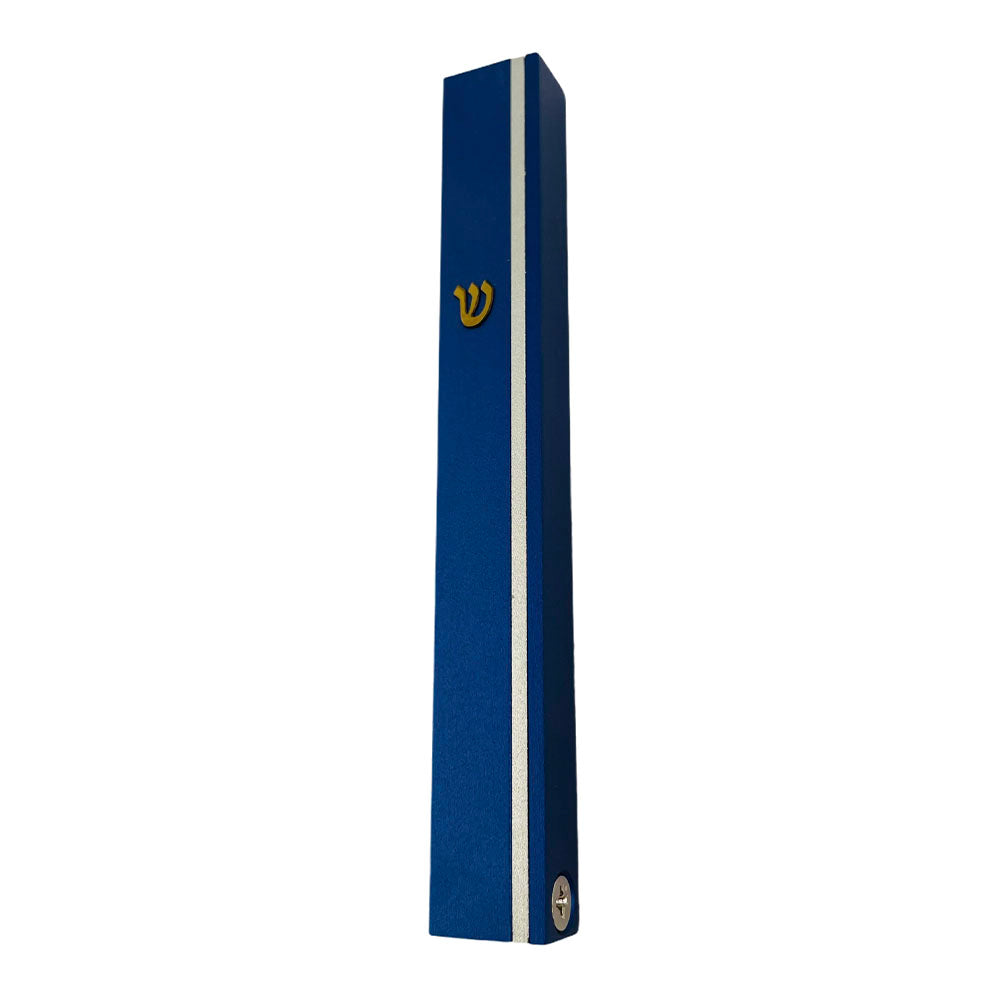 Blue Aluminum Mezuzah with Silver Stripe