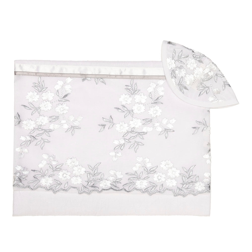 Tallit Set- Silver and White Embroidered Flowers