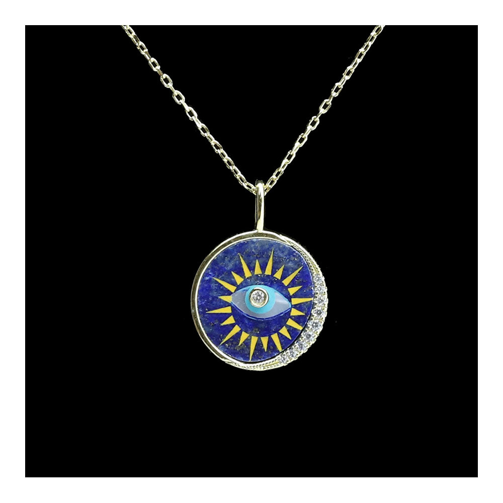Vermeil Turquoise Evil Eye with Half-Moon Pave Necklace