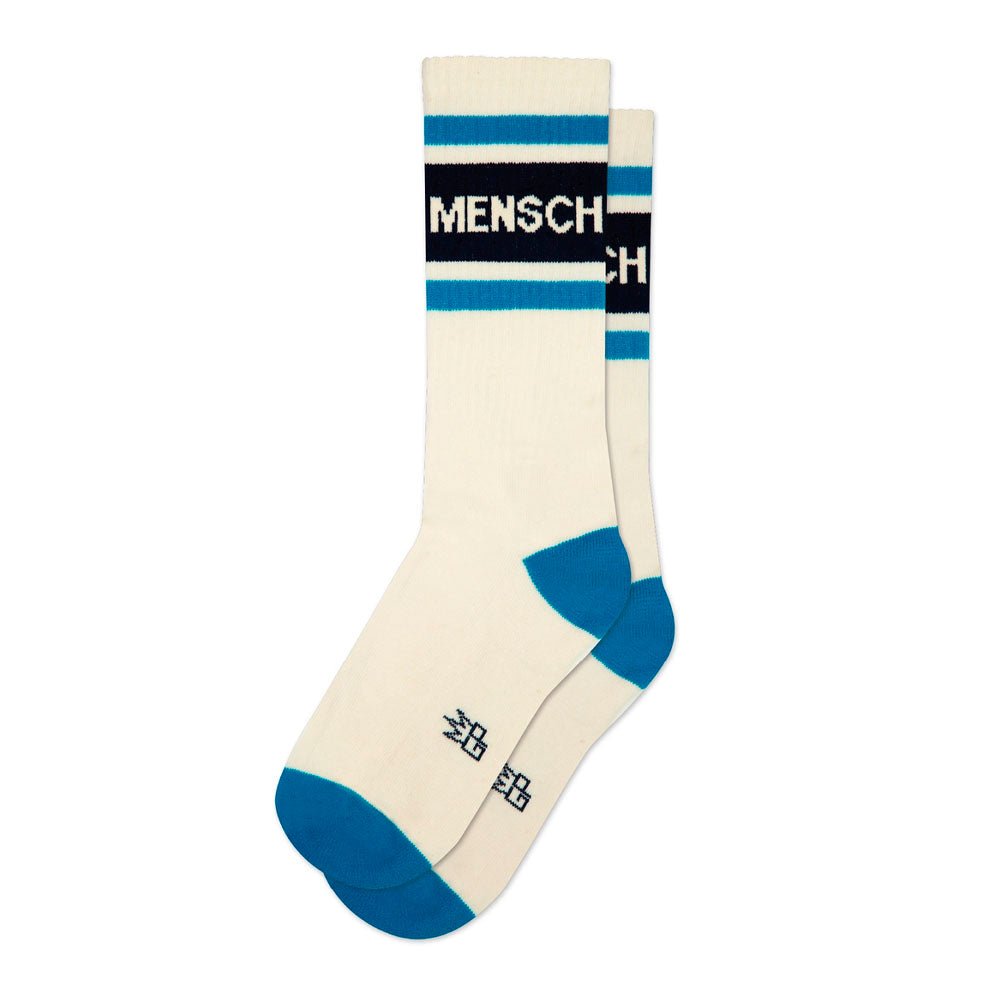 White sock with blue accents and 'MENSCH' text on a white background