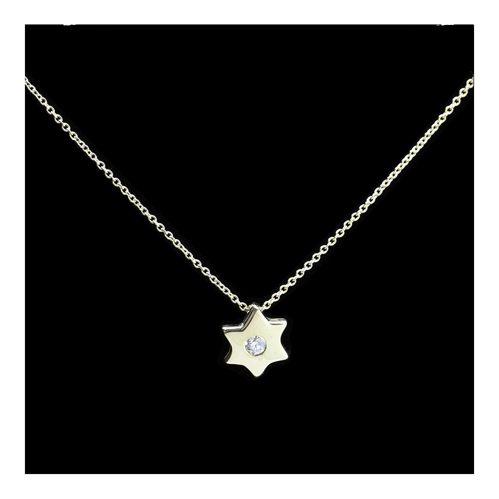A 14K gold Star of David pendant with a round brilliant cut diamond in the center, attached to a gold chain against a black background.