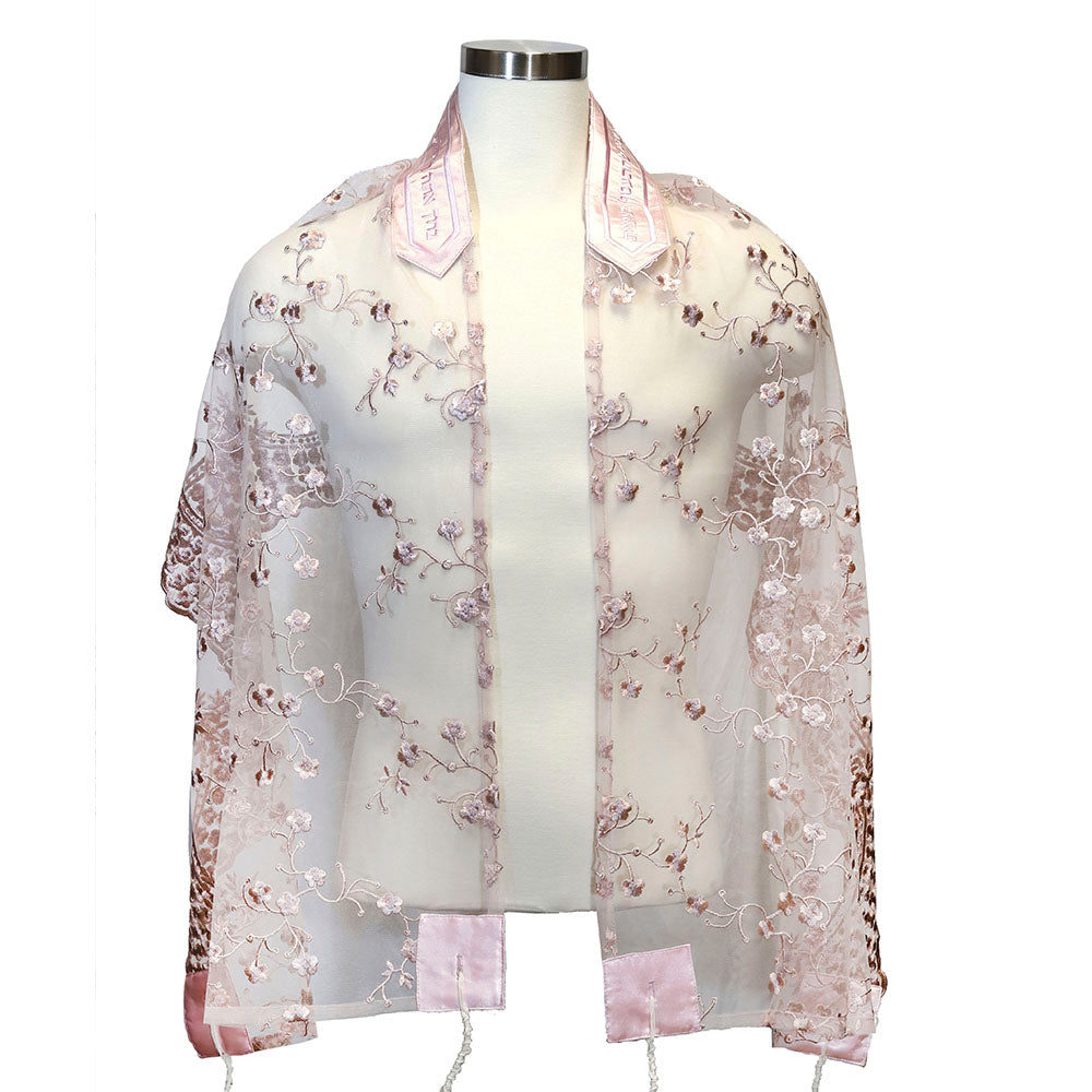 Tallit Set Chiffon with Mauve Embroidered Flower