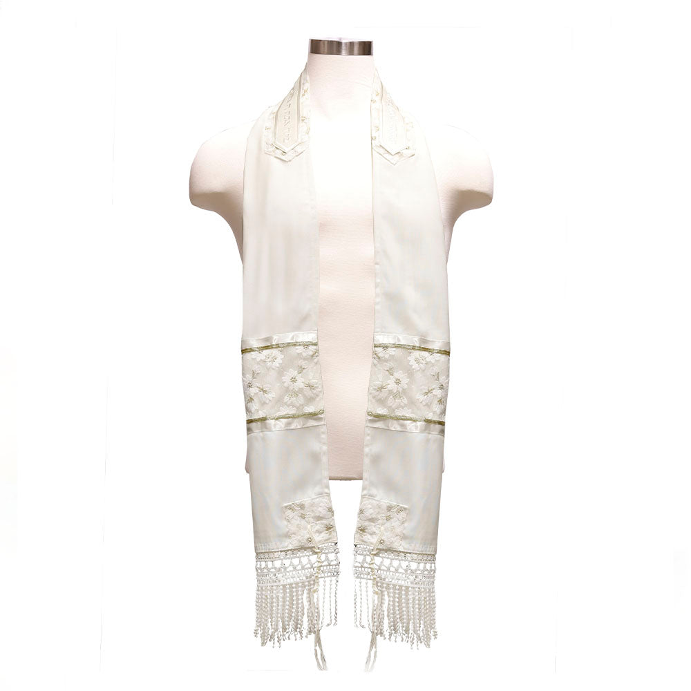 Tallit Set White Embroidered Flowers with Golden Embroidered Stems