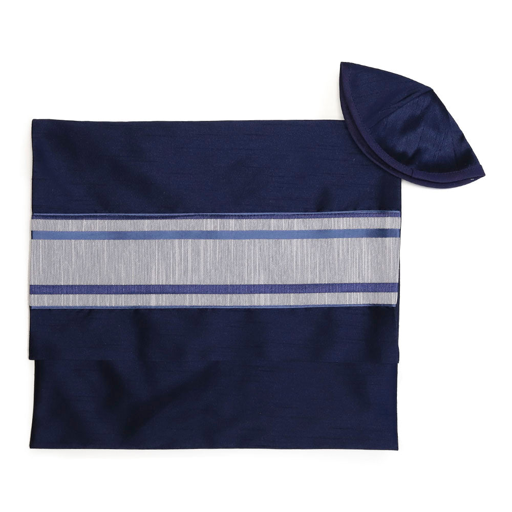 Navy and Silver on Brushed Cotton Tallit Set