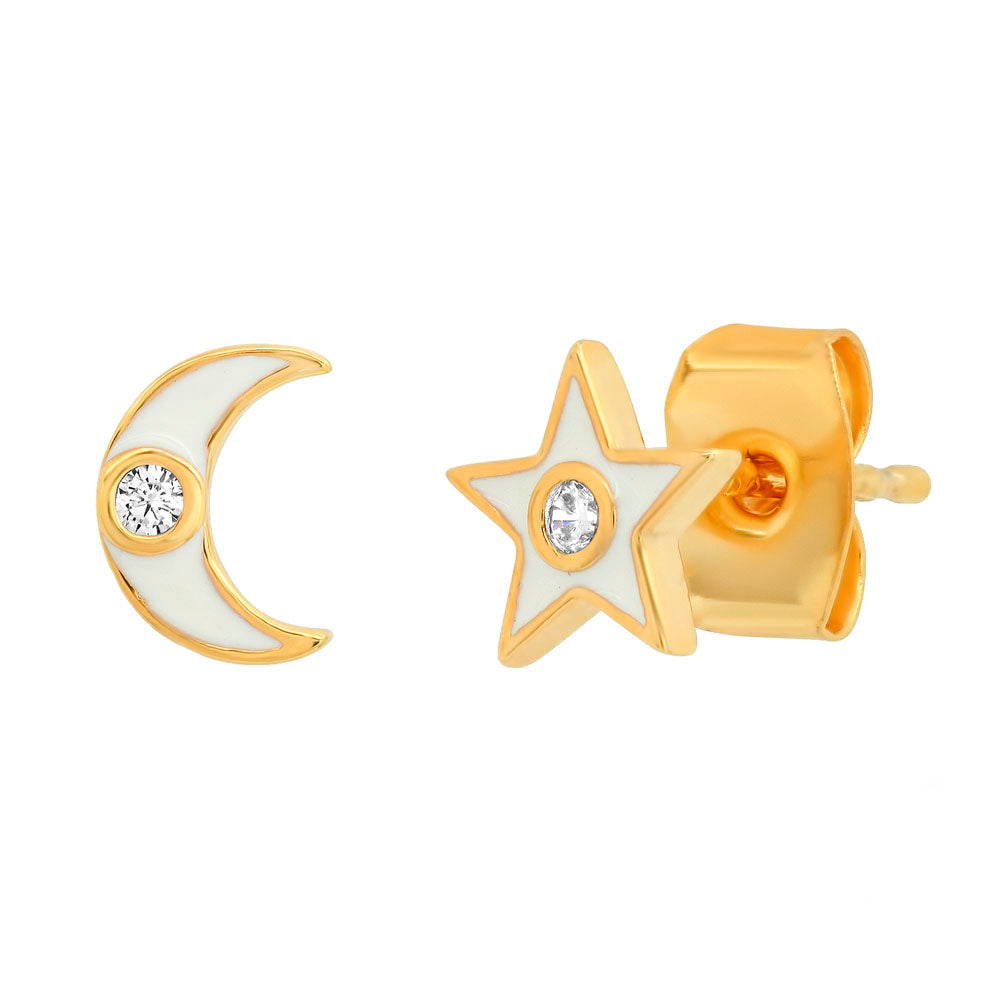 Enamel Star and Moon Stud Earrings with CZ Accent