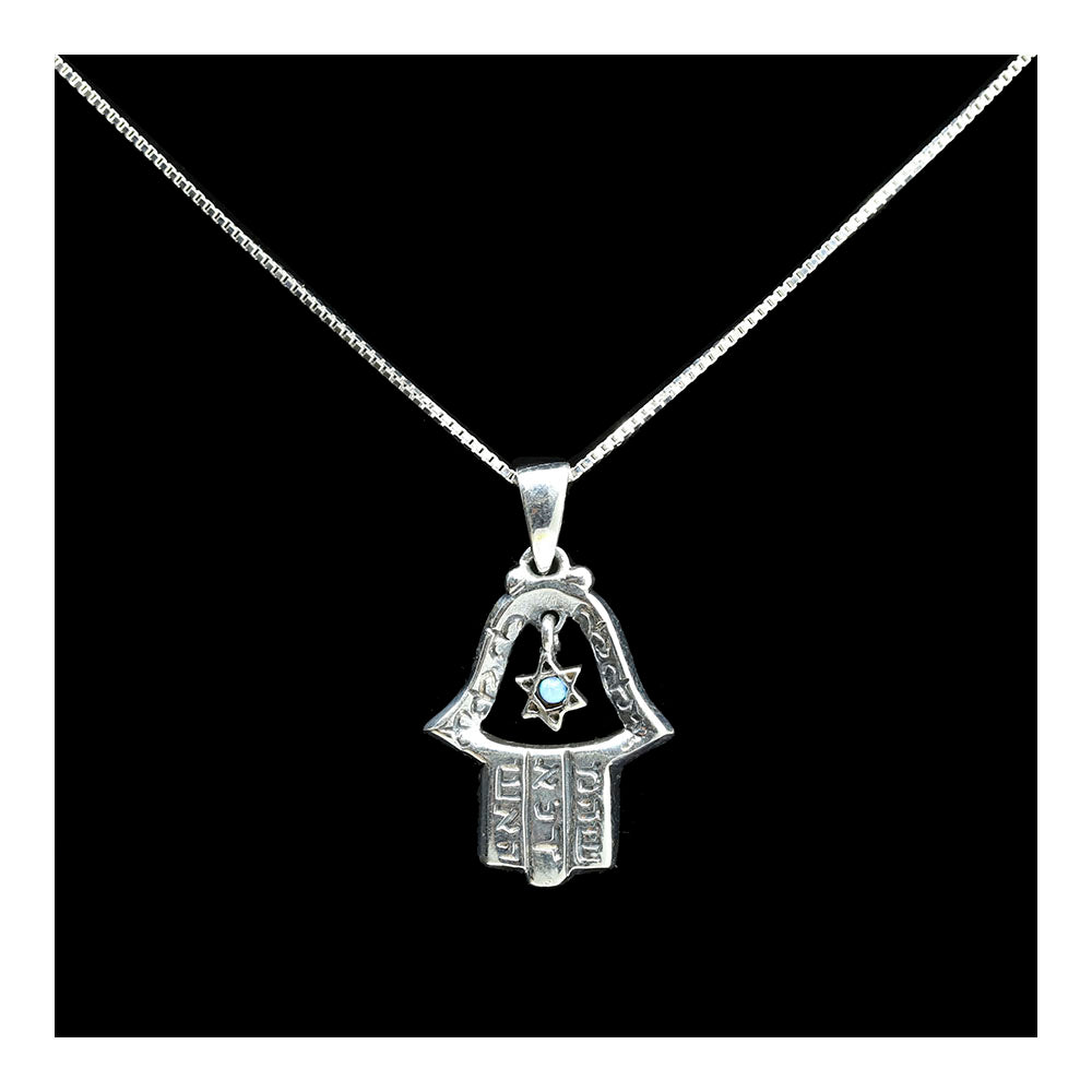 Sterling Hamsa with Dangle Star of David with Opal Necklace