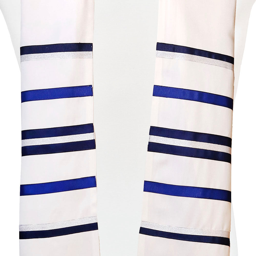 Cream with Navy and Royal Blue Ribbon Tallit Set