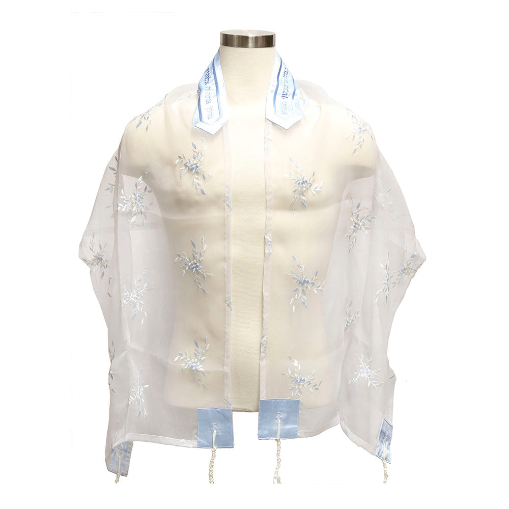 Tallit Set White Organza with Baby Blue Floral