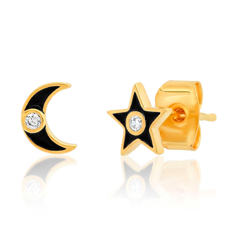 Enamel Star and Moon Stud Earrings with CZ Accent