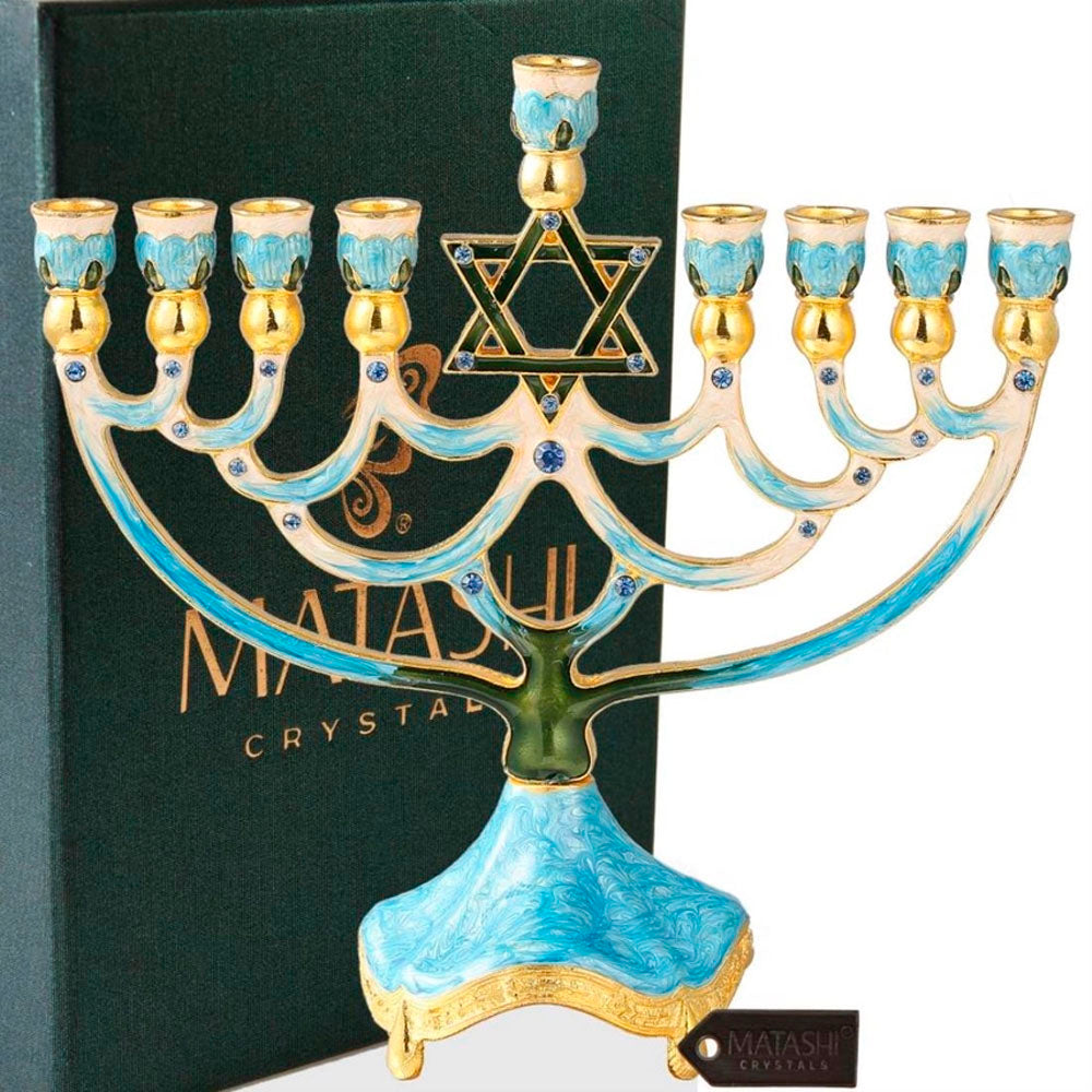 Hand Painted Enamel Star of David Hanukkiah
