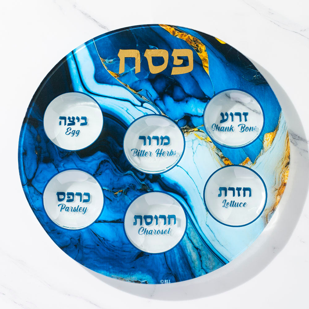 Blue Marble Glass Round Seder Plate