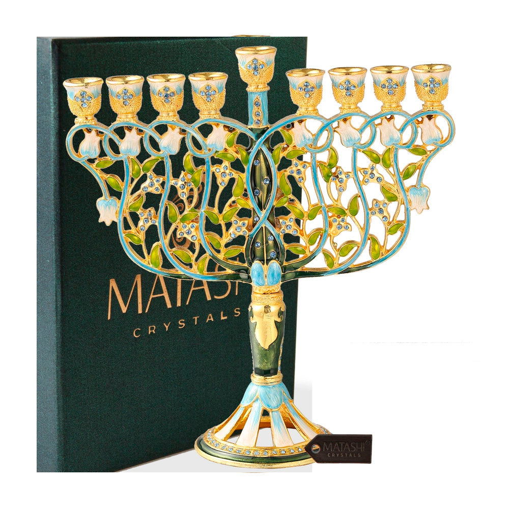 Intertwining Flower Blue Crystals Hanukkiah