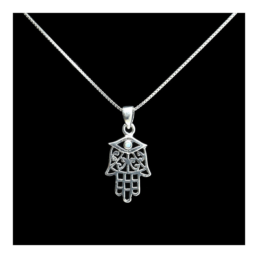Sterling Hamsa with Eye and Opal Necklace