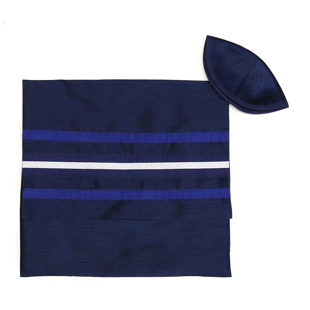 Cream with Navy and Royal Blue Ribbon Tallit Set
