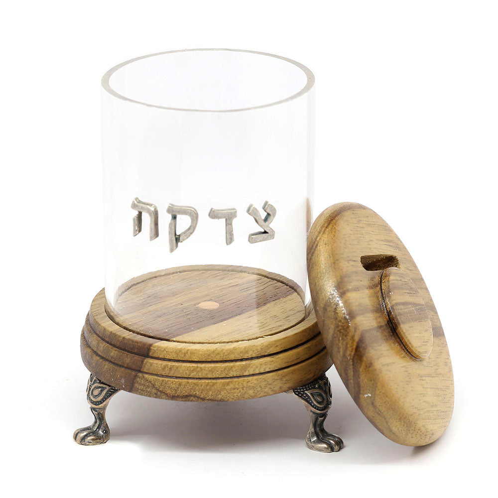 Wallnut & Acrylic Footed Tzedakah Box