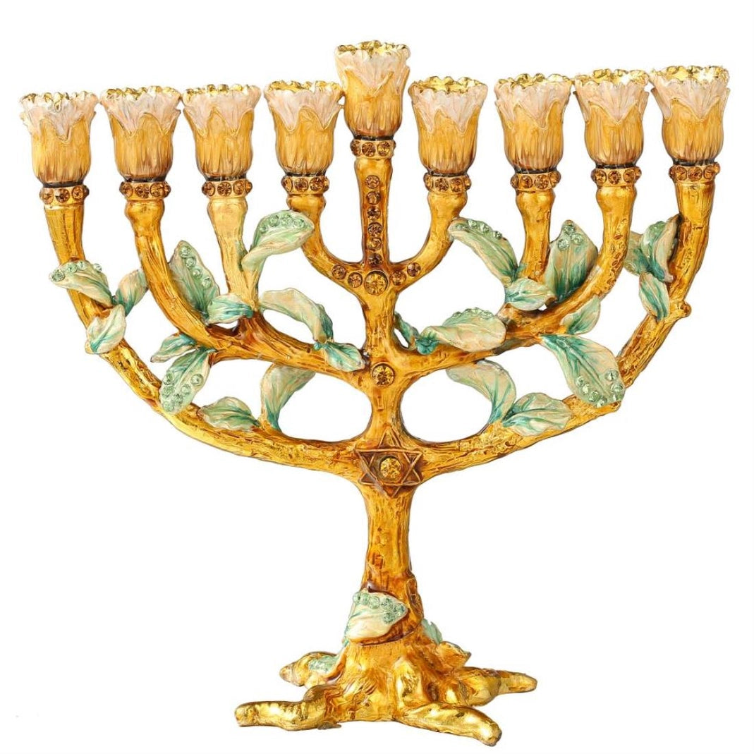 Decorative Menorah with gold and green design on a white background