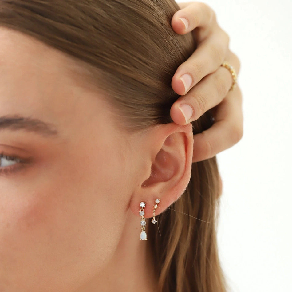 Opal Studs with CZ Chain Dangle Earrings