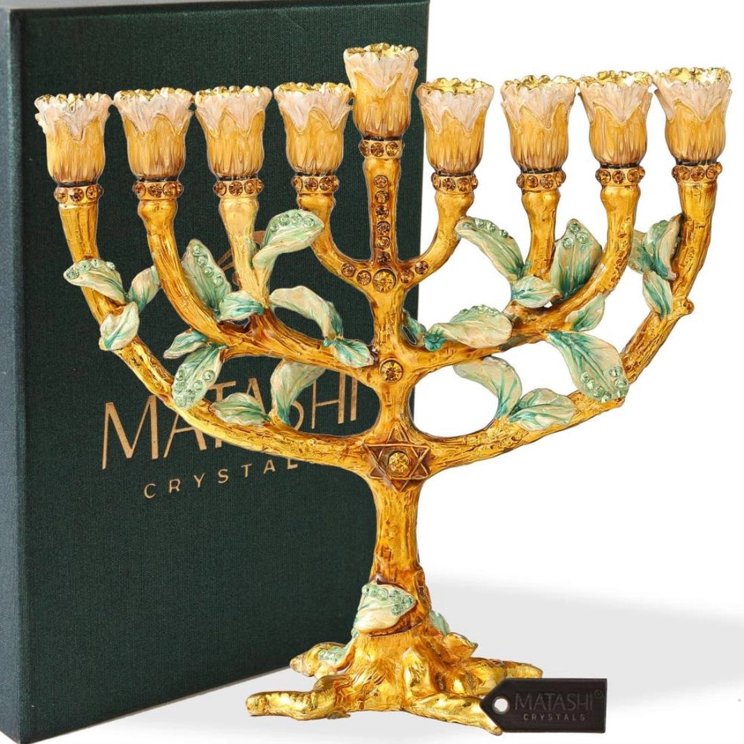 Tree and Flower Buds Hand Painted Enamel Hanukkiah