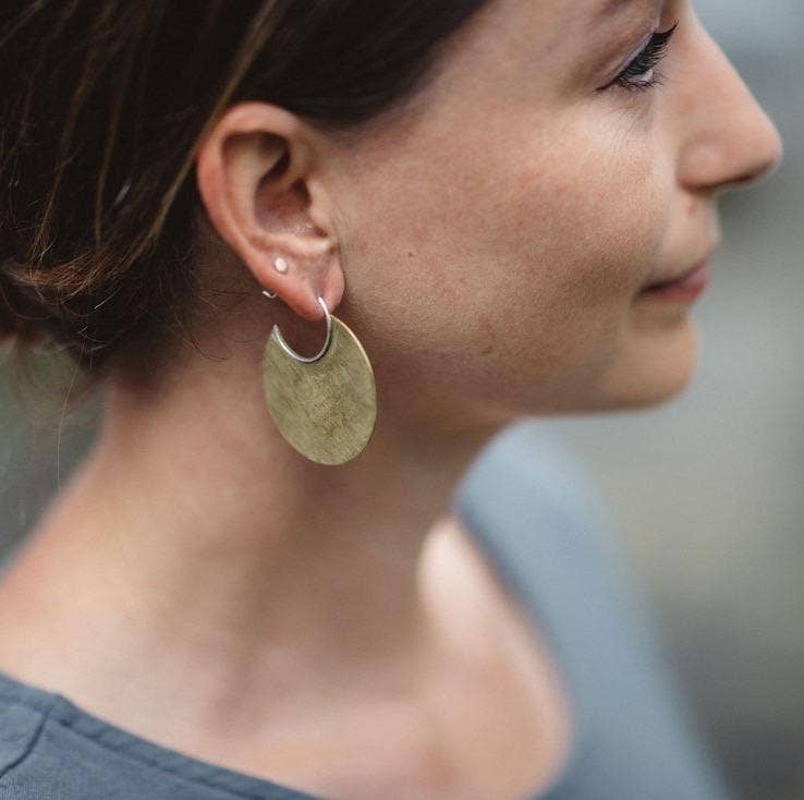 Brass Disc Earrings with Sterling Hoops