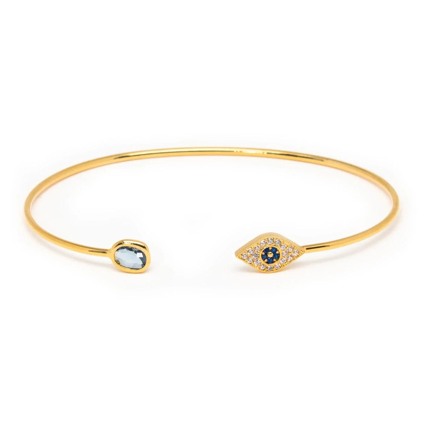 Gold Cz Evil Eye Open Bracelet With Mini Tear Shaped Glass