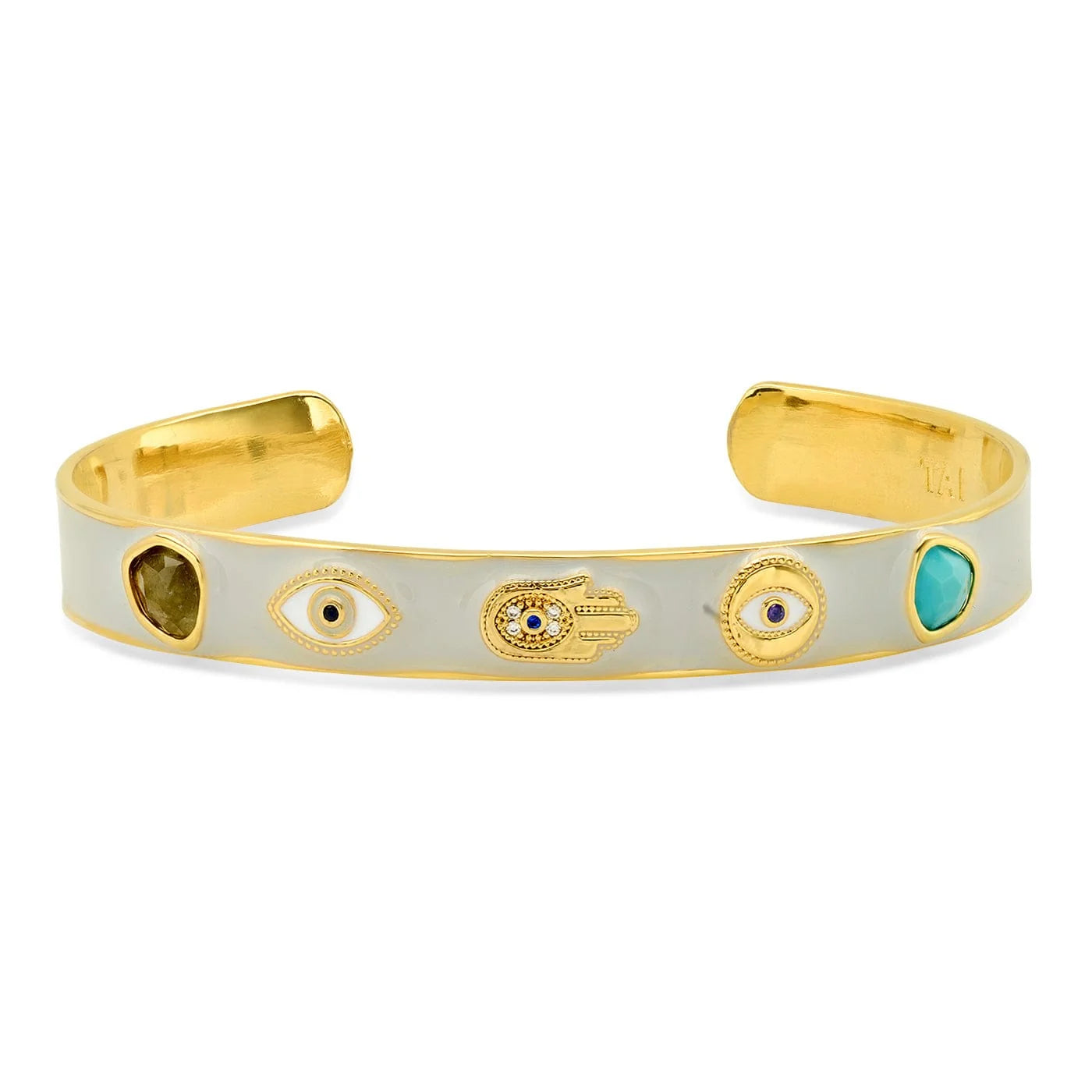 Enamel Open Cuff Bracelet with Evil Eye and Hamsa Accents