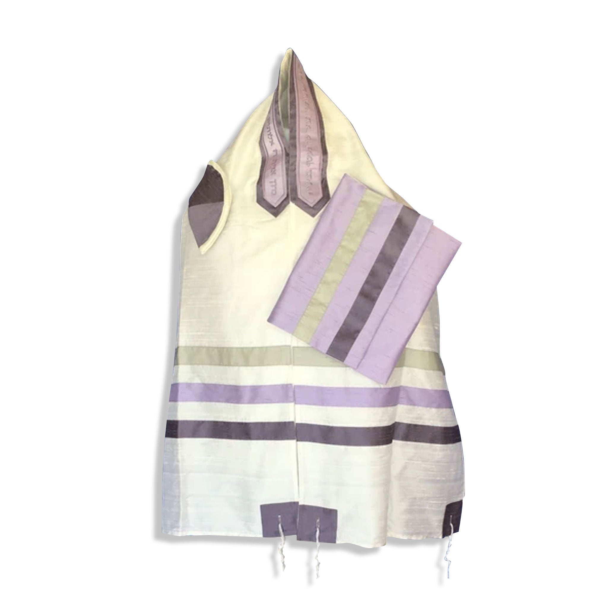 Cream Raw Silk with Purple Ribbons Tallit Set