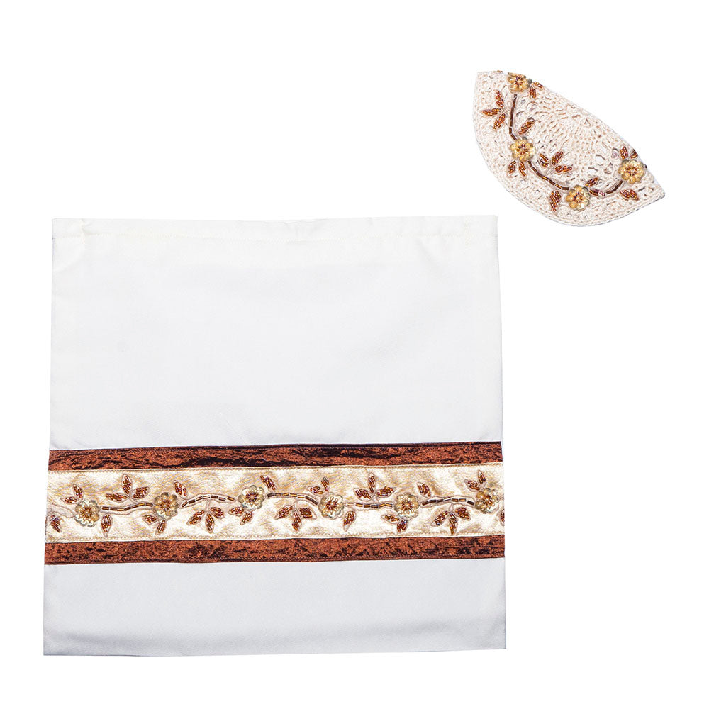 Tallit Set Brown and Gold Floral Sequin