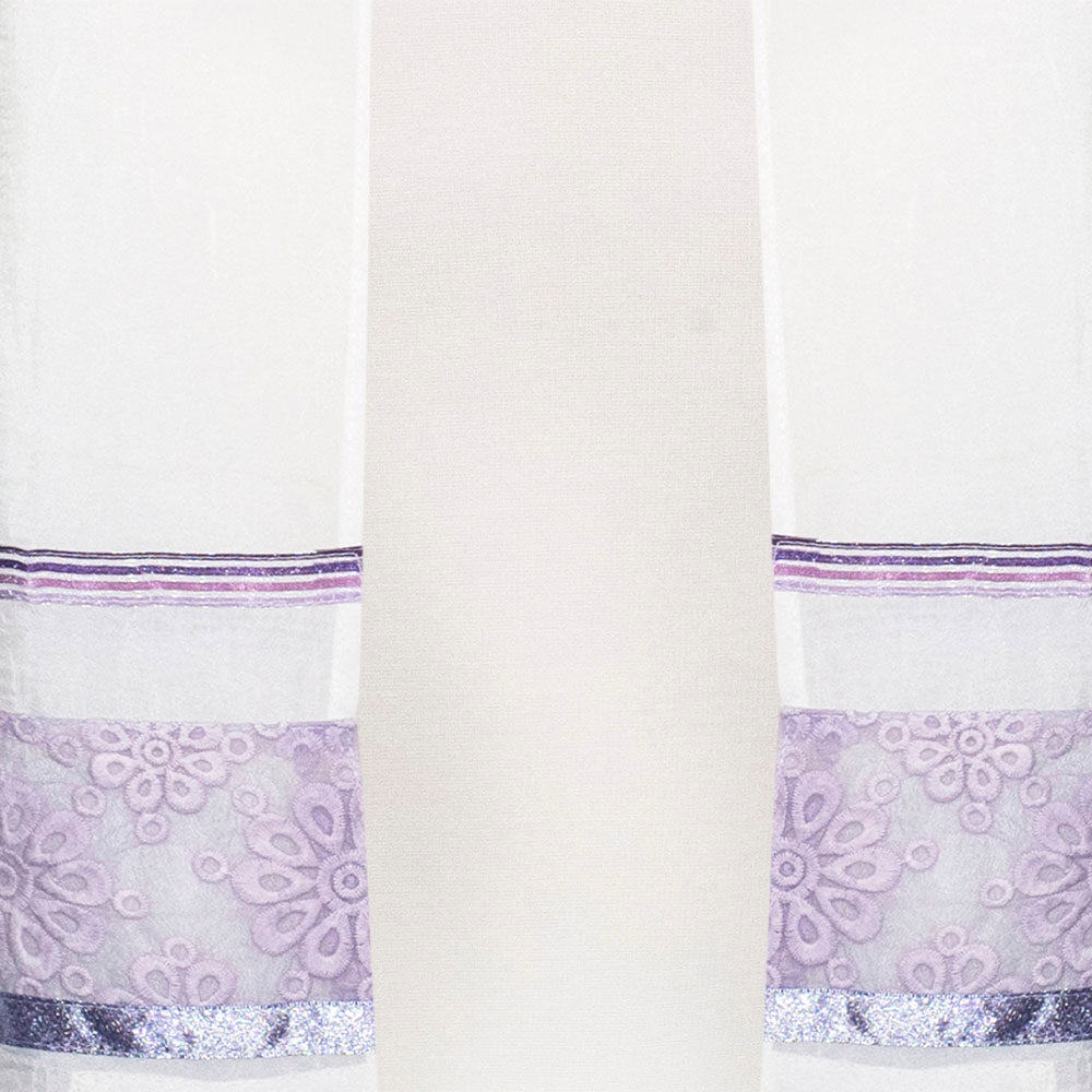 Sheer Ivory with Purple Flower Lace Tallit Set