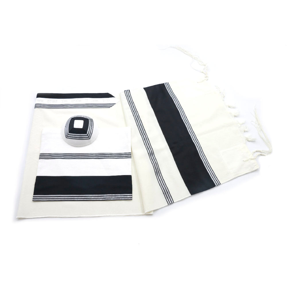 Tallit Set- Kfar Saba (Black with Silver Stripes)